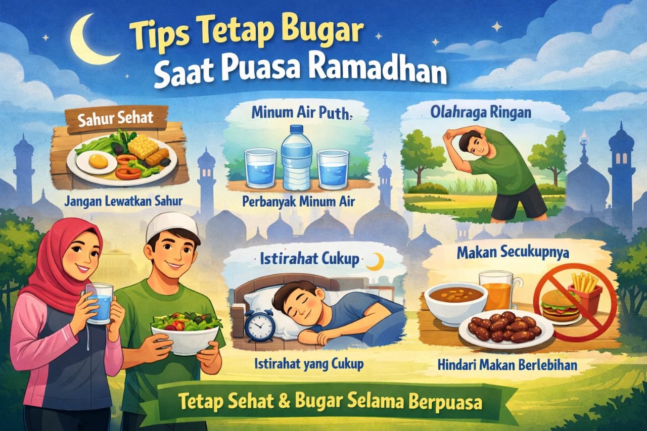 Tips tetap bugar saat Puasa Ramadhan dengan pola sahur sehat, cukup air, olahraga ringan, dan istirahat teratur.