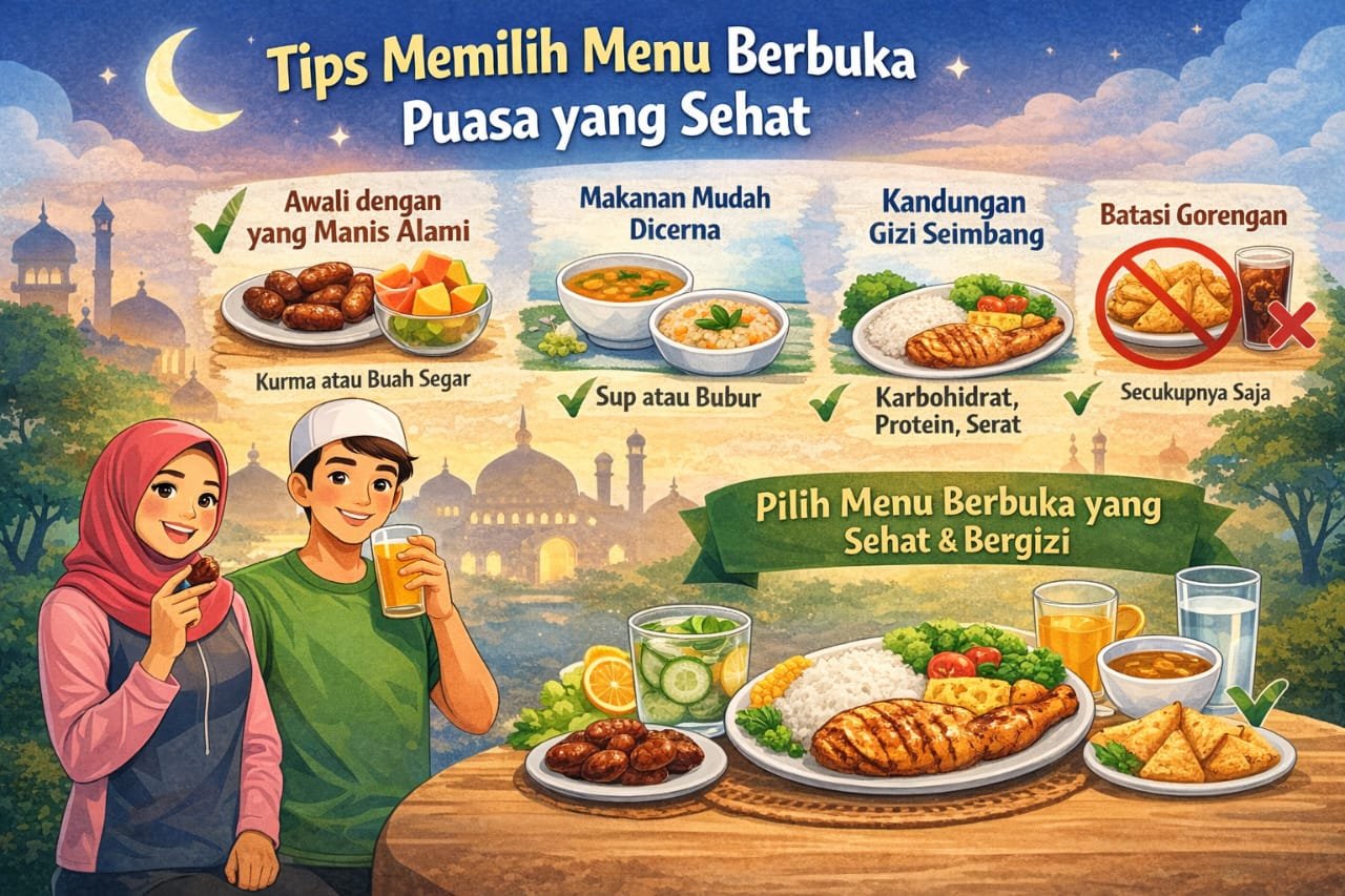 Tips memilih menu berbuka puasa yang sehat dan bergizi agar tubuh tetap bertenaga, tidak lemas, dan pencernaan tetap lancar.
